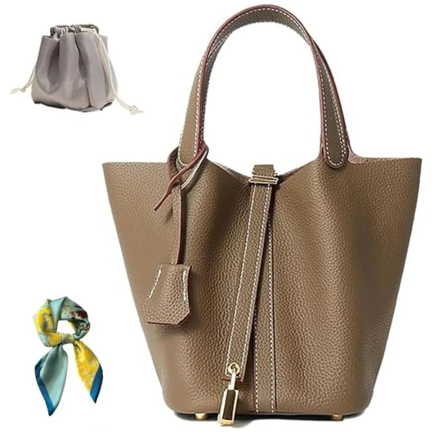 Genuine Leather Bucket Bag for Women: Lock Design Shoulder Handbag Versatile Top-Handle Tote Fashionable Vegetable Basket