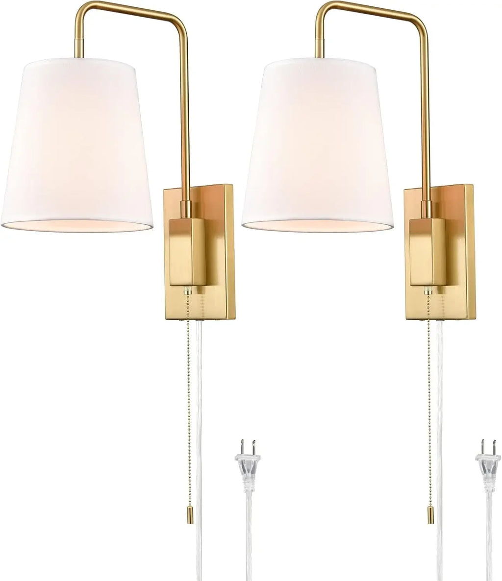 Wall Sconces Set of Two, Gold Fabric Shade Wall Sconce Bedroom Plug-in Wall Lamp Set of 2