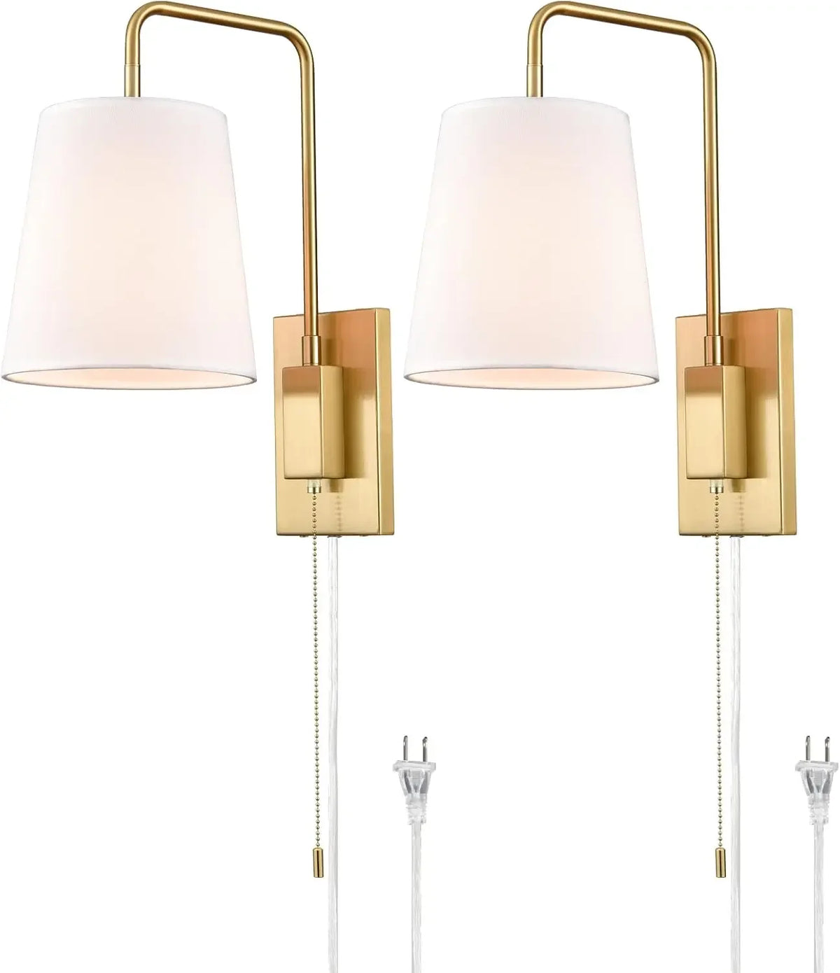 Wall Sconces Set of Two, Gold Fabric Shade Wall Sconce Bedroom Plug-in Wall Lamp Set of 2