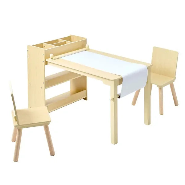 Kids Art Table and Chair Set, Toddler Craft Table with 3 Tiers Storage Cabinet, Wooden Kids Activity
