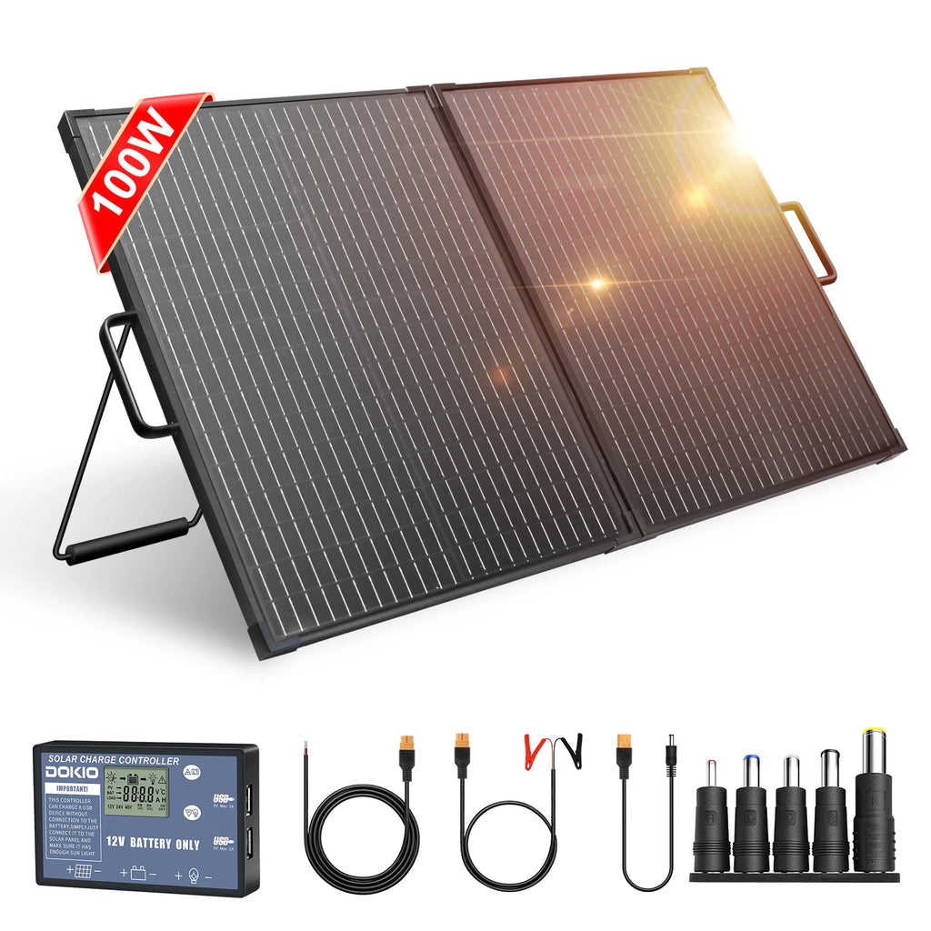 【Completely upgraded】DOKIO 100W Portable Foldable Solar Panel Kit | For Camping/RV/Emergency | Includes 12V Controller