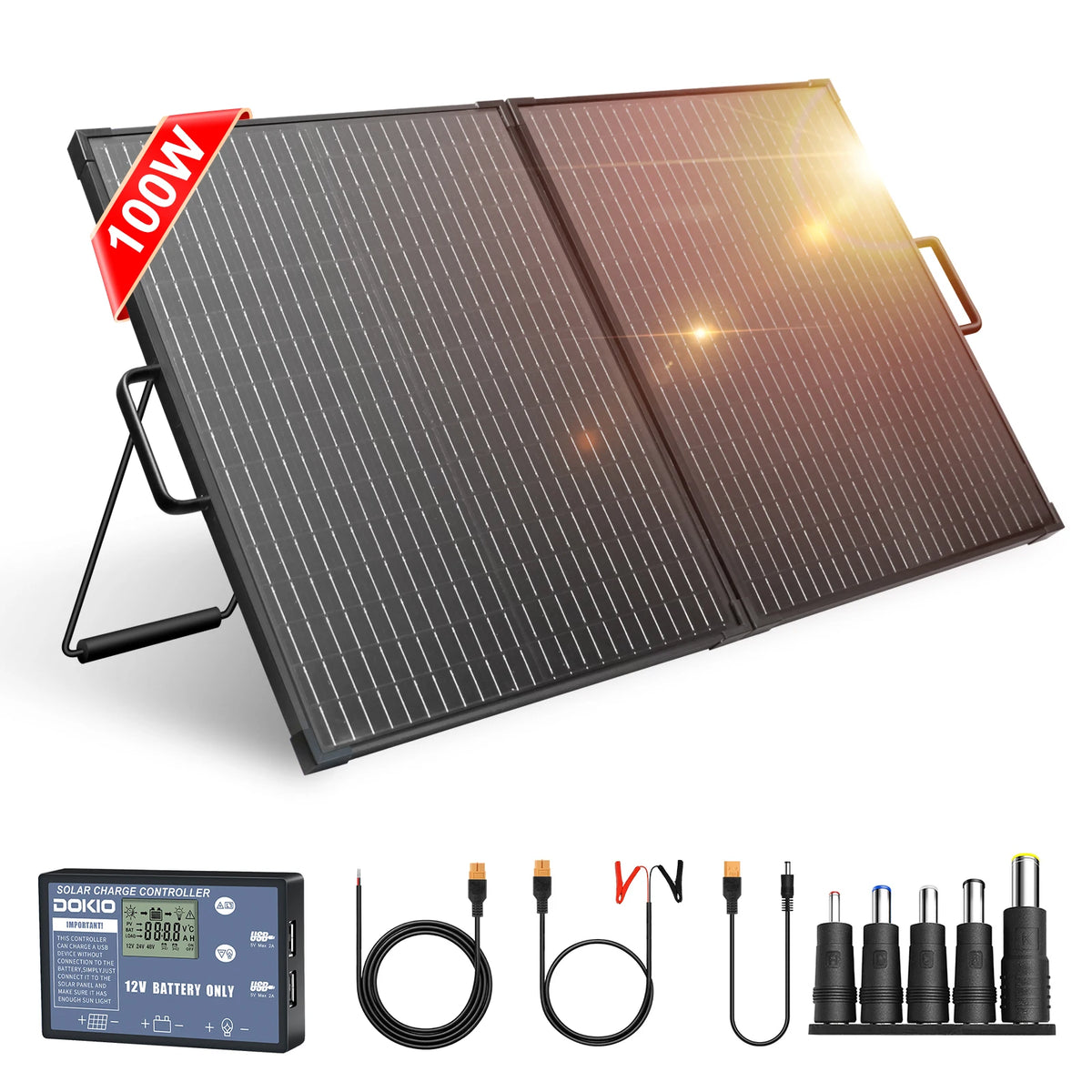 【Completely upgraded】DOKIO 100W Portable Foldable Solar Panel Kit | For Camping/RV/Emergency | Includes 12V Controller