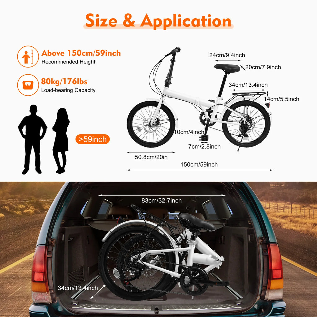 20 Inch Folding Bike 7 Speed Foldable Bicycle for Teens and Adults Lightweight City Commuter