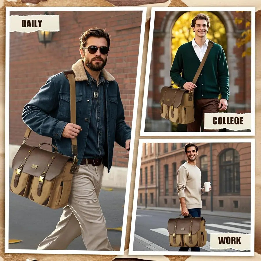 Vintage Messenger Bag with USB Charging Port amp RFID Blocking Pocket, 15.6 inch Laptop Bag Canvas PU Leather Men Briefcase, Wat