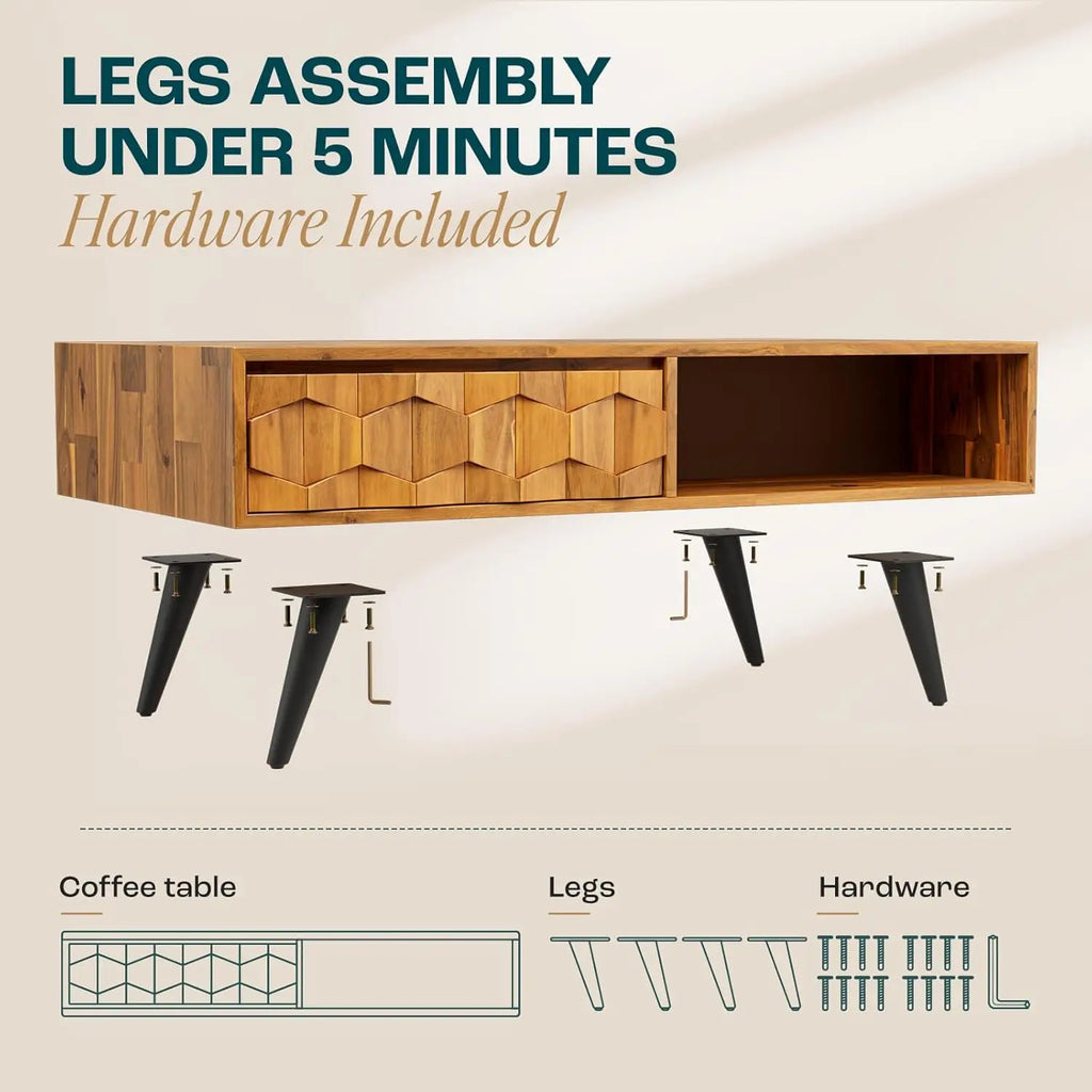 BestsellerSolid Wood Coffee Table, 2 Drawers & Open Shelves, Mid Century Modern Center Table, 110 cm, Teak Brown, Pre-Assembled