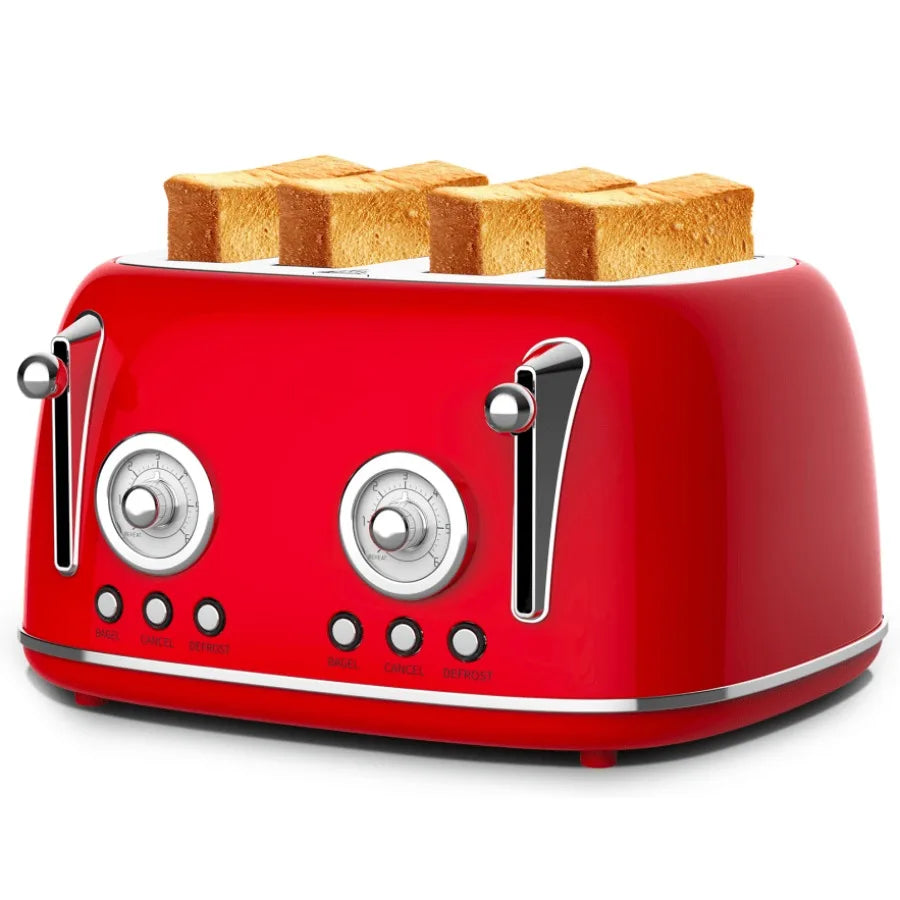 4-piece vintage-style red toaster with dual-control oven 4×1.5-inch slots anti-clogging design 6-batch temperature adjustment d