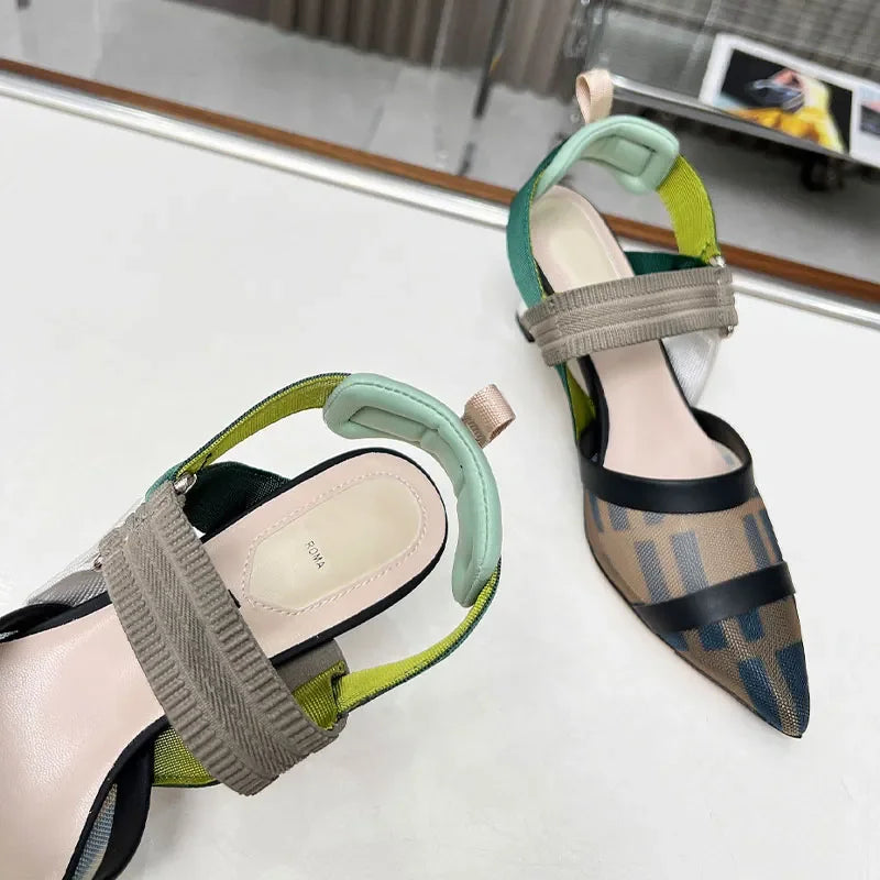 Mesh Fabric Slingbacks Women Designer Pumps Flat Sandals Colorful Hollow Out Women Slingback Metal High Heels Shoes Dress Shoes
