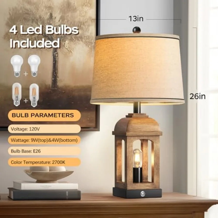 Table Lamp for Living Room Farmhouse Lamps with USB A+C and Nightlight 26" Rustic Bedside Lamps with 3-Way Dimmable Touch Contr