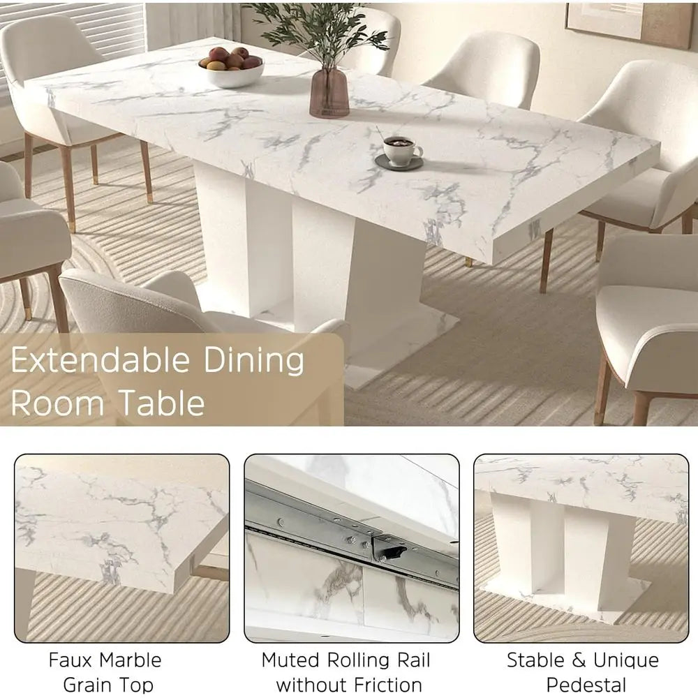 Marble Top 7-Piece Dining Set or 6-Piece Expandable Dining Table with Grey Tufted Chairs or 6-Seat Large Kitchen Table with Whit