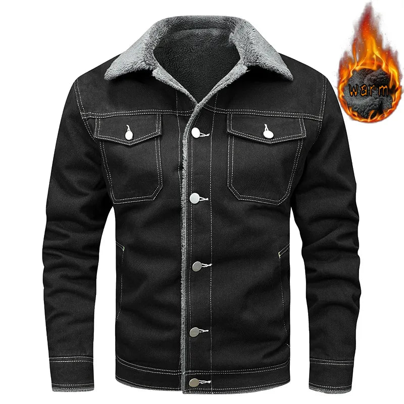 Men's denim jacket wool warm inner cotton jacket for autumn and winter casual outdoor plus size work jacket can be50-100kg