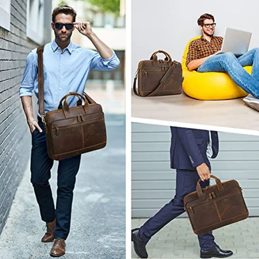 JackChris Full Grain Leather Briefcase for Men Business Messenger Bag Laptop Bag Attache Case Fits 15.6 Inch Laptop Brown Premi