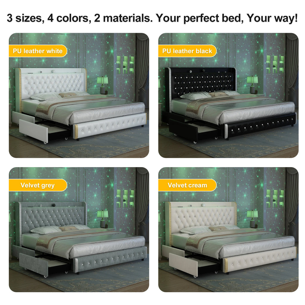 Queen Platform Bed Frame with LED Lights, Galaxy Projector, Wingback Headboard, 4 Storage Drawers, USB Ports, No Box Spring