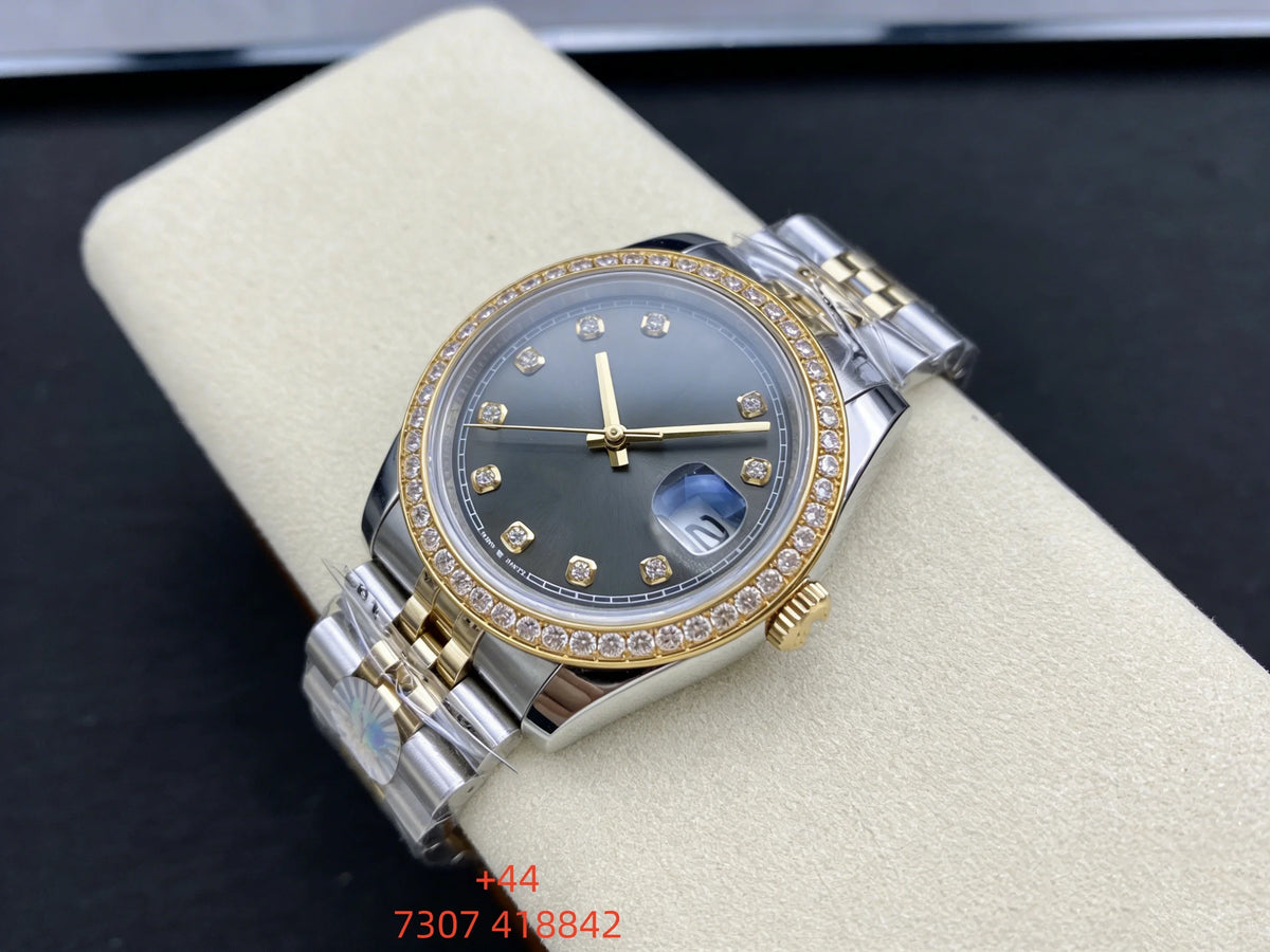 Customized luxury women's watch, featuring a 36mm dial, scratch-resistant sapphire crystal, stainless steel strap, and fully au