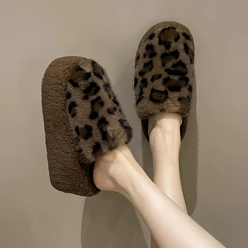 Women's Fashion Slippers, 3.15-inch Thick Sole, Faux Fur, Geometric Leopard Print, Indoor/Outdoor, Warm