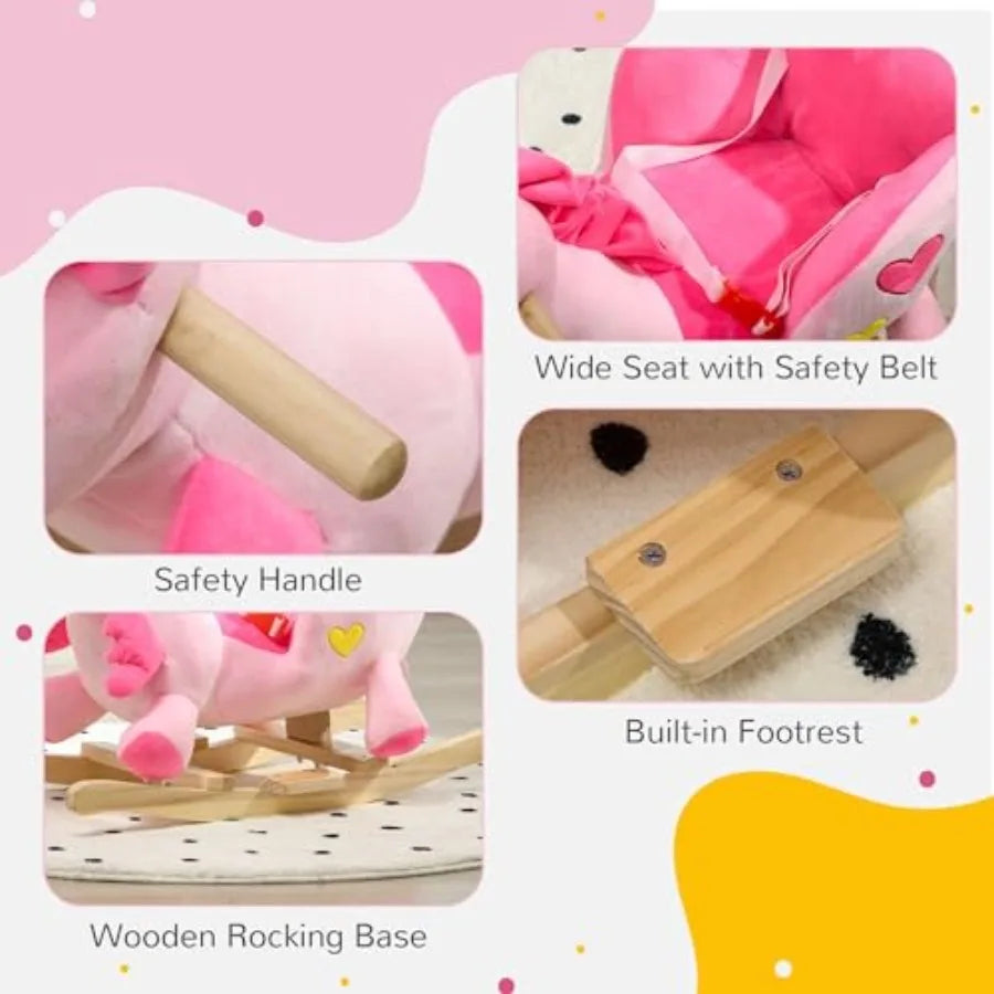 Baby Rocking Horse Ride on Unicorn with 32 Songs Toddler Rocker Toy with Wooden Base Seat Safety Belt for 1.5-3 Year Old Pink