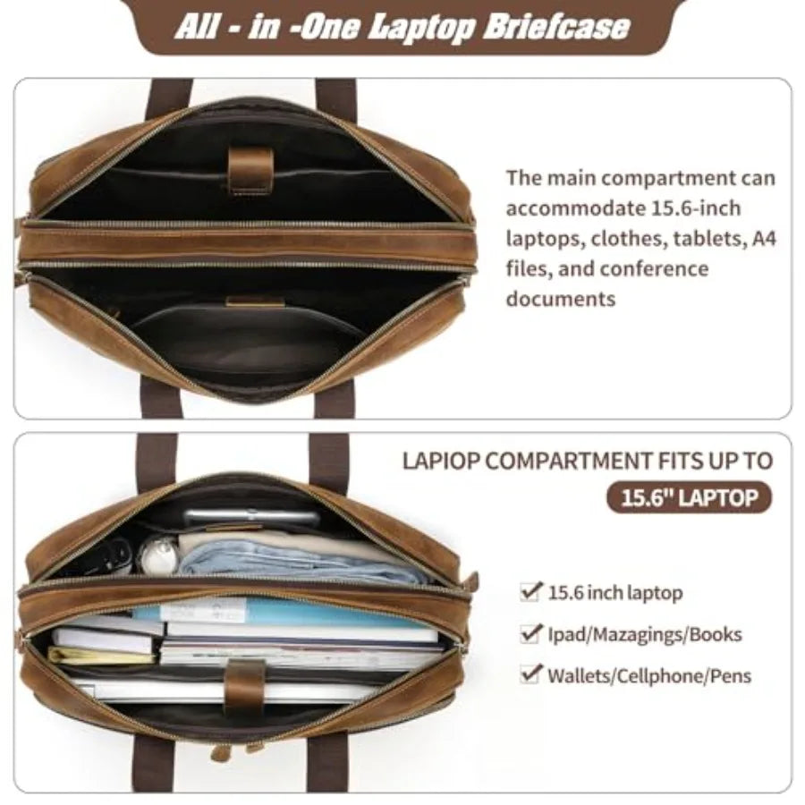Full Grain Leather Briefcase for Men Business Messenger Bag Laptop Case Fits 15.6 Inch Laptop Brown Premium Quality Durable Des