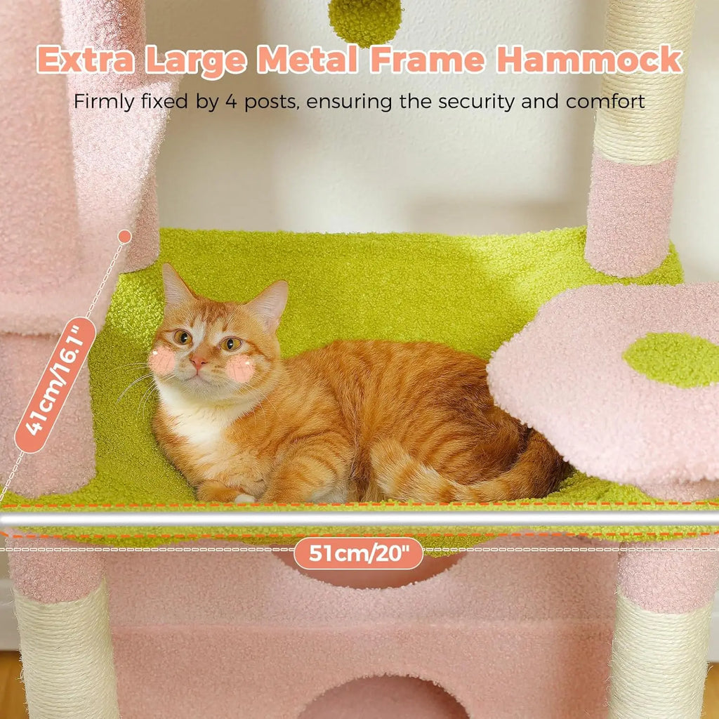 72-Inch Large Cat Tree with Steel Frame Hammock, 7 Scratching Posts, 2 Condos, Perches for Indoor Cats - Pink