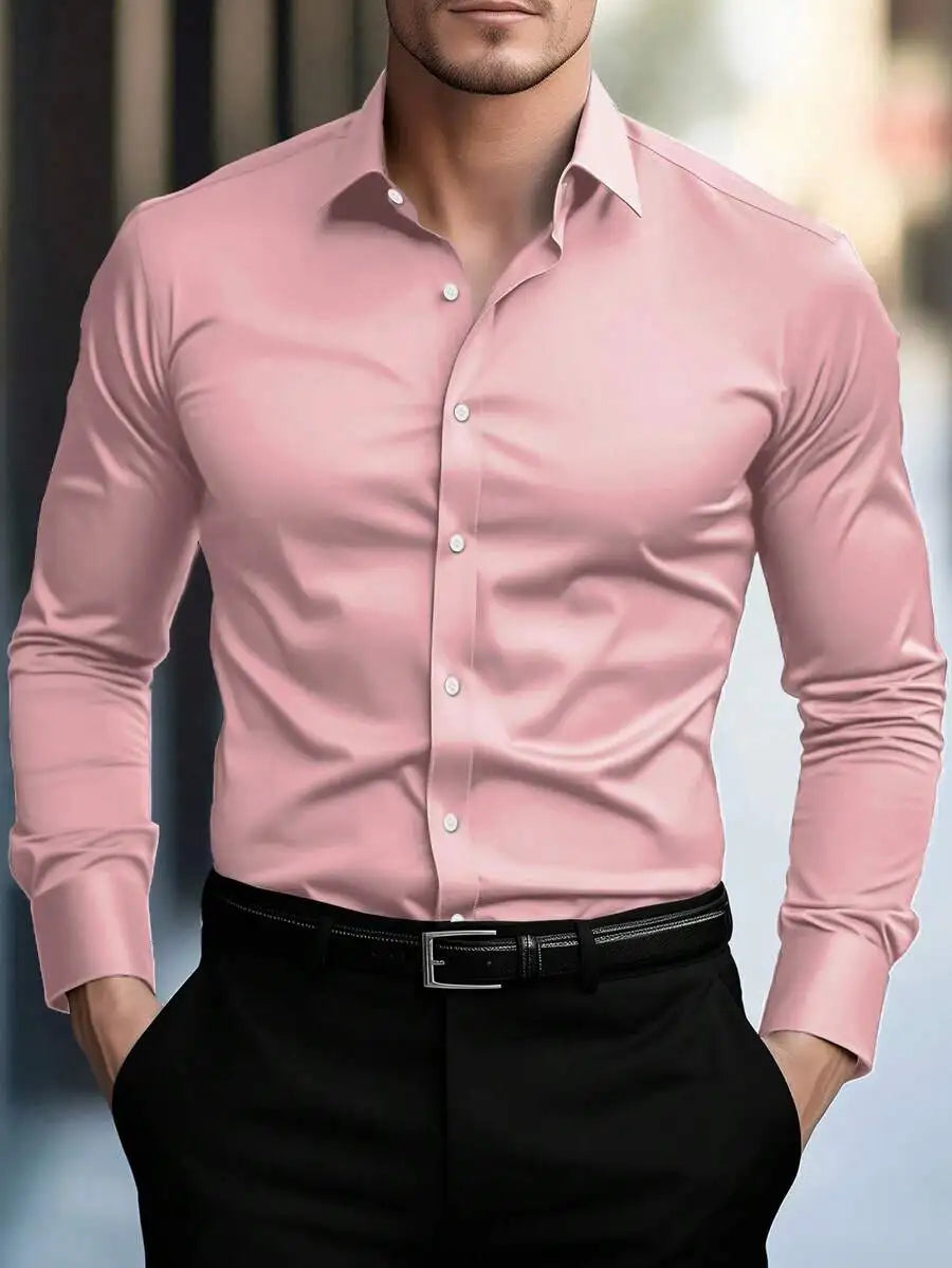 Men's Solid Cream Slim Fit Long Sleeve Button-Down Shirt for Business Casual Wear