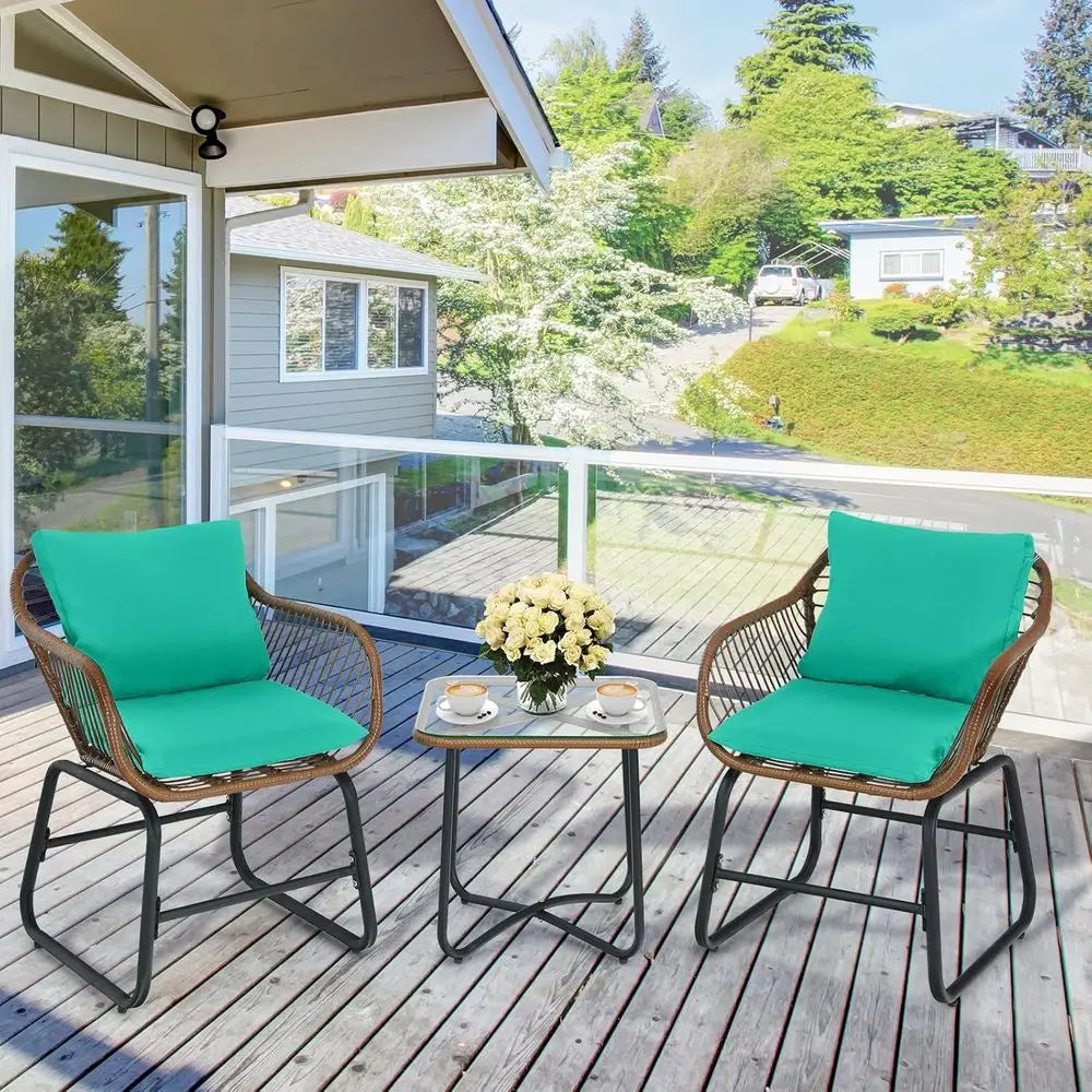 3-Piece Outdoor Cushioned Rattan Bistro Set with Glass Top Table in Turquoise