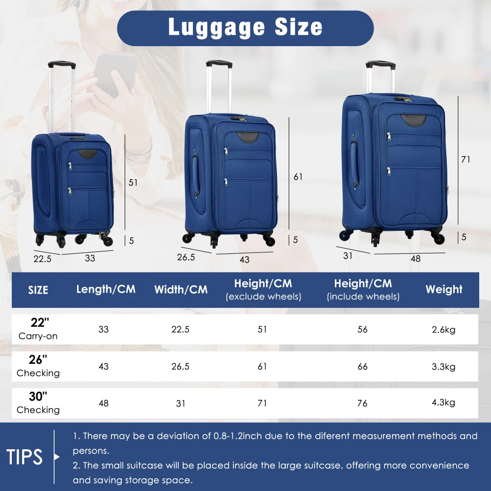 3Pcs Softside Expandable Travel Luggage Set 22/26/30 Inch with Duffel Bag Upright Spinner Wheels Lightweight Softshell