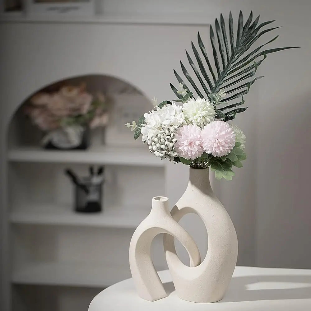 Extra Large Hollow Nordic Modern Ceramic Vases Set of 2, Milky White Aesthetic Round Donut Boho ins Style Flower Decorative