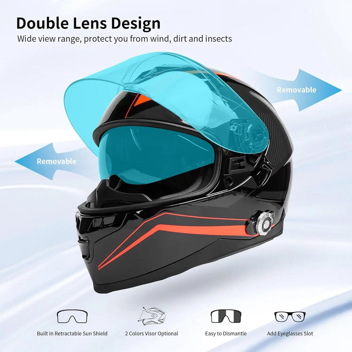 Full Face Motorcycle Helmet Bluetooth 5.0 Integrated 2 Way Intercom DOT FMVSS-218 Rated Motorbike Helmet Communication with Dual
