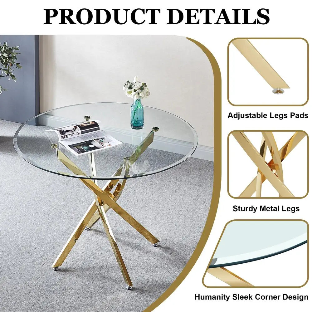 Glass Dining Table Set, Round Kitchen Table Set for 4 with Gold Glass Table and 4 White Faux Leather Upholstered Dining Chair fo