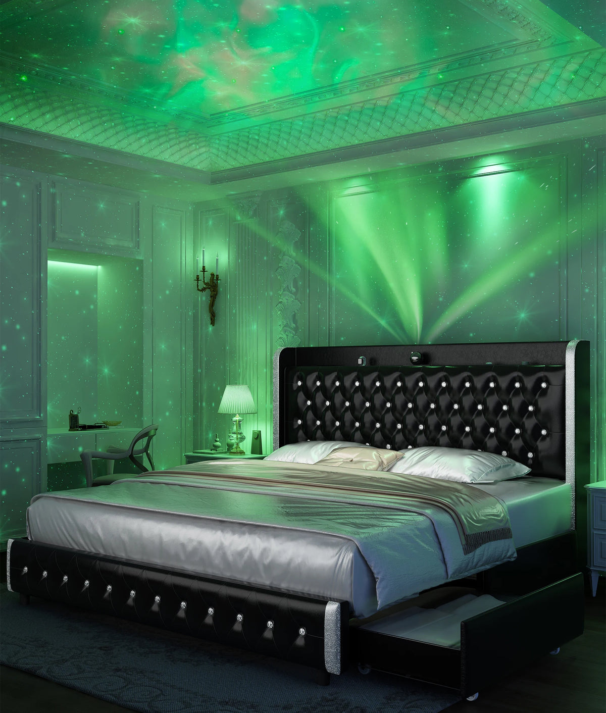 Queen Platform Bed Frame with LED Lights, Galaxy Projector, Wingback Headboard, 4 Storage Drawers, USB Ports, No Box Spring