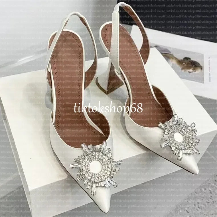 Amina muadii heels designer sandals womens wedding dress shoes satin pointed slingbacks bowtie pumps crystal sunflower flower hi