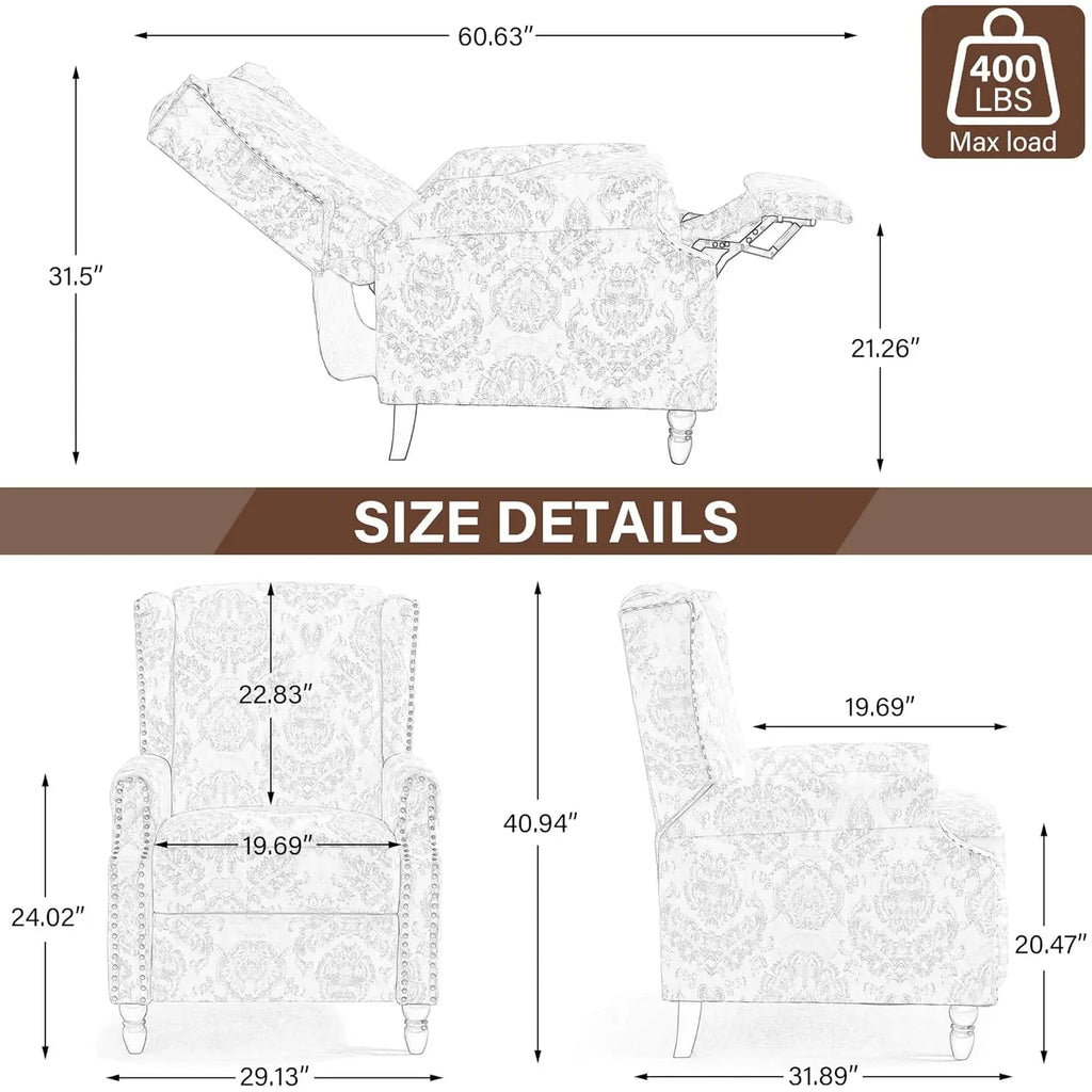 Pushback Floral Recliner Chair, Fabric Upholstered Armchair Push Back Accent Chair For Living Room, Rivet Trim Club, Customized