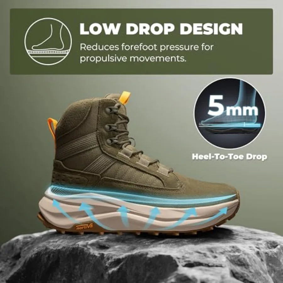 NORTIV Men's Wide Toe Box Work Military Tactical Boots Barefoot Hiking Low Drop Leather Side Zipper Motorcycle Combat Boots Pik
