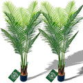 Pair of 6ft Tall Artificial Areca Palm Trees with 19 Real Touch Trunk, Natural Moss, and Pot for Indoor/Outdoor Use