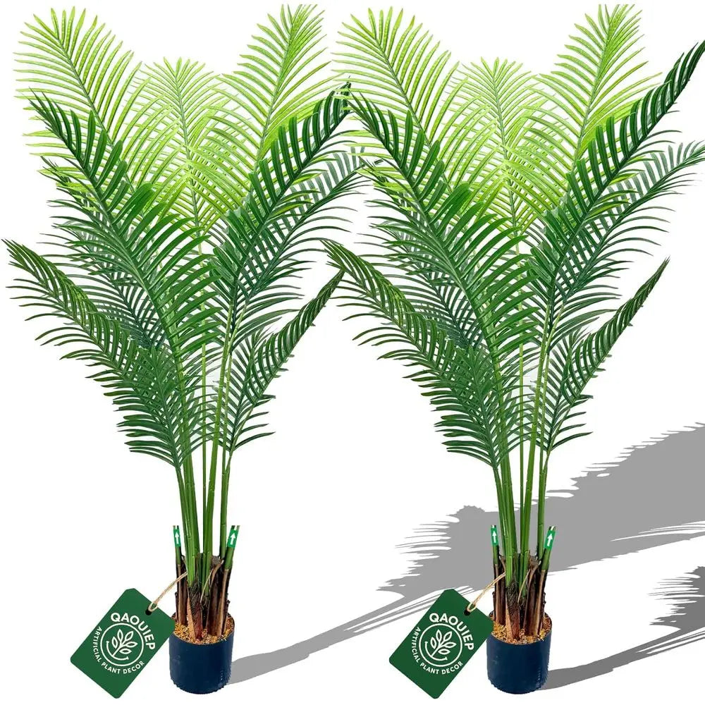 Pair of 6ft Tall Artificial Areca Palm Trees with 19 Real Touch Trunk, Natural Moss, and Pot for Indoor/Outdoor Use