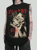 Black Sleeveless Graphic Tank Top with Distressed Horror-Inspired Print, Gothic Punk Style