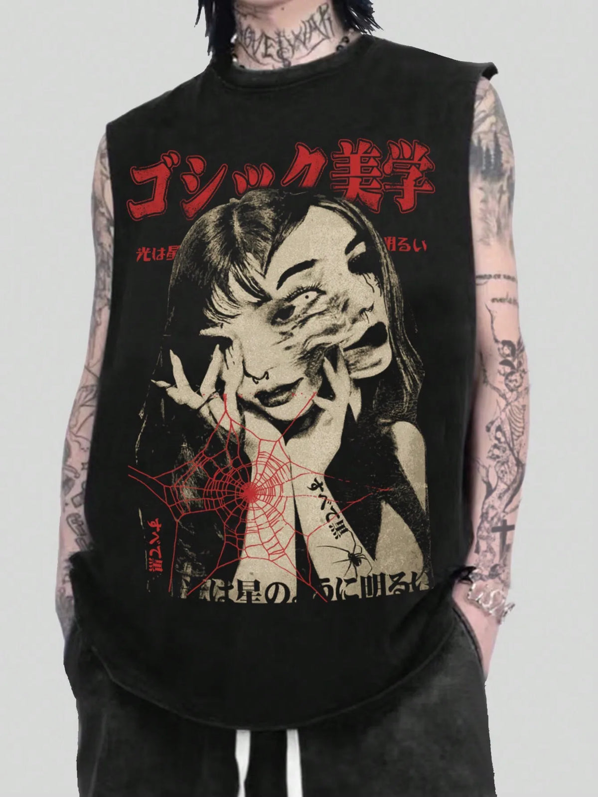 Black Sleeveless Graphic Tank Top with Distressed Horror-Inspired Print, Gothic Punk Style