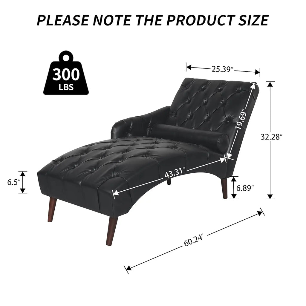 Chaise Lounge Chair Indoor with Lumbar Pillow and Wood Legs, Upholstered PU Leather Tufted Chaise Lounges, Mid, Customized