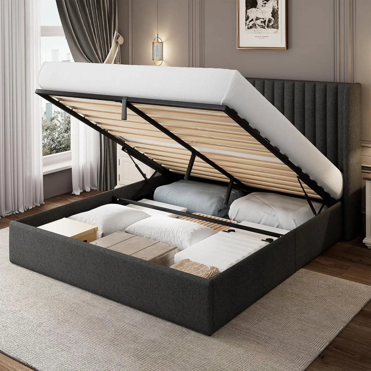 Queen Size Lift Up Storage Bed Frame with Wingback Headboard, Linen Upholstered Platform Bed with 10.8" Underneath, Customized