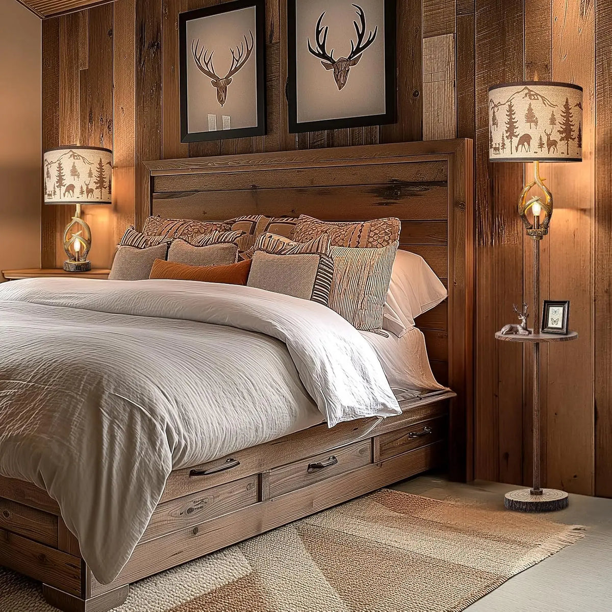 Rustic Antler Floor Lamp with Tray and Night Light, Farmhouse Vintage Decor for Living Room Bedroom Office