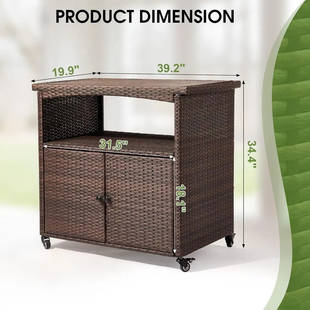 Brown Outdoor Bar Cart with Storage, Rolling Wheels, and Patio Bar Table for Poolside Kitchen