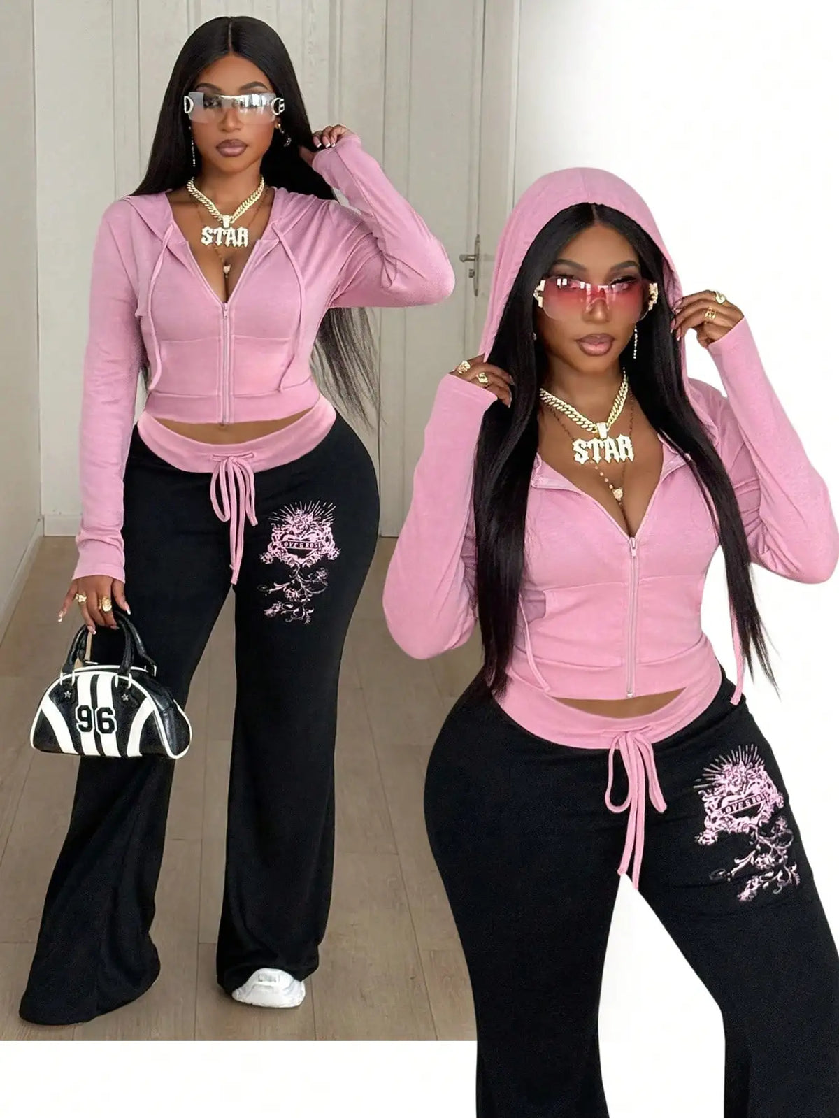 Pink Cropped Hooded Zip-Up Sweatshirt & Black Flare Pants 2-Piece Set with Graphic Embroidery