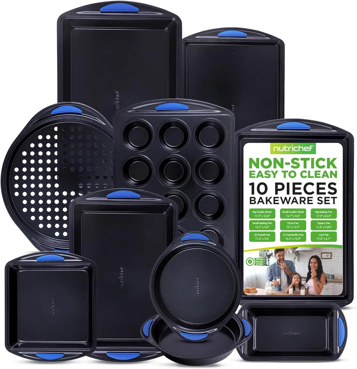 10-Piece Nonstick Bakeware Set - Heavy Duty Carbon Steel Baking Trays w/Silicone Handles - Includes