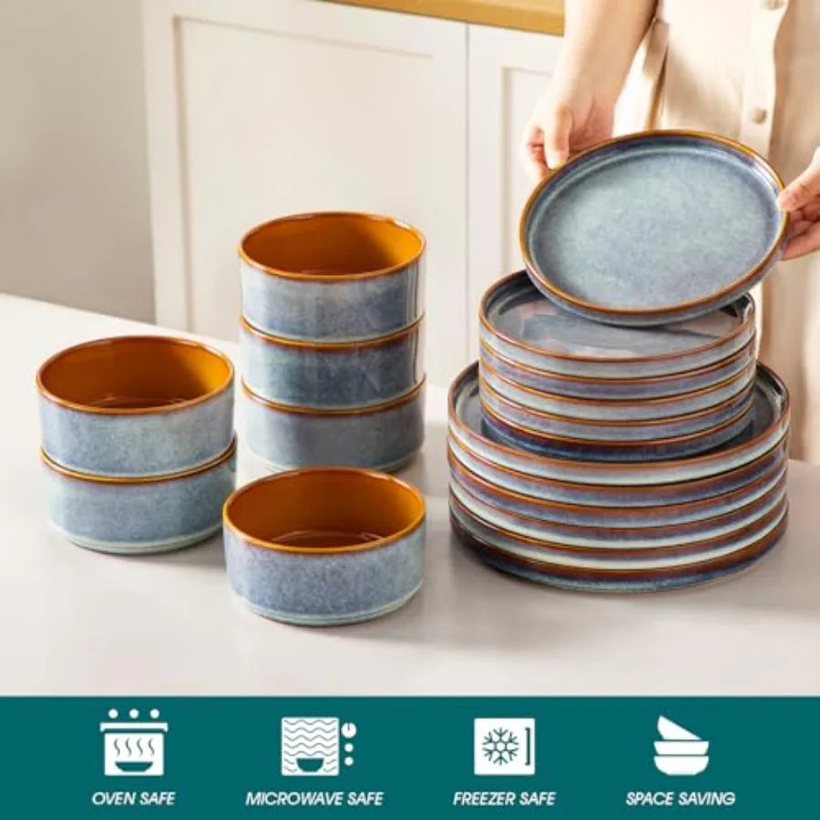 ONION Ceramic Plates and Bowls Sets 18 Pieces Blue Dinnerware for Kitchen Reactive Glaze Dishes Set for 6 Dishwasher and Microw