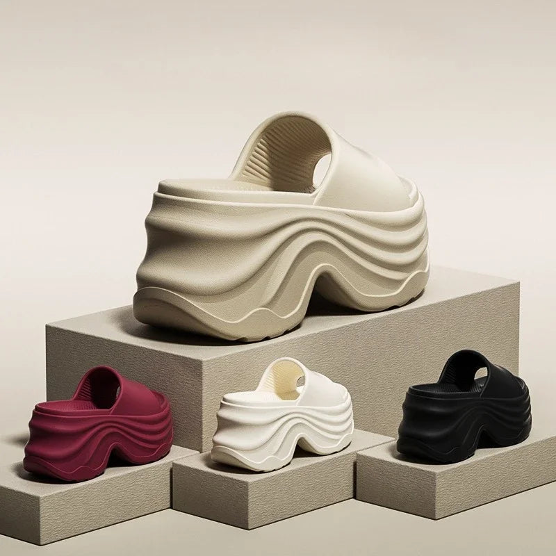 Solid Color Platform Slippers Women Thick Sole Non Slip Beach Slides Sandals Lady Summer Soft Sole Wedge Heel Slipper