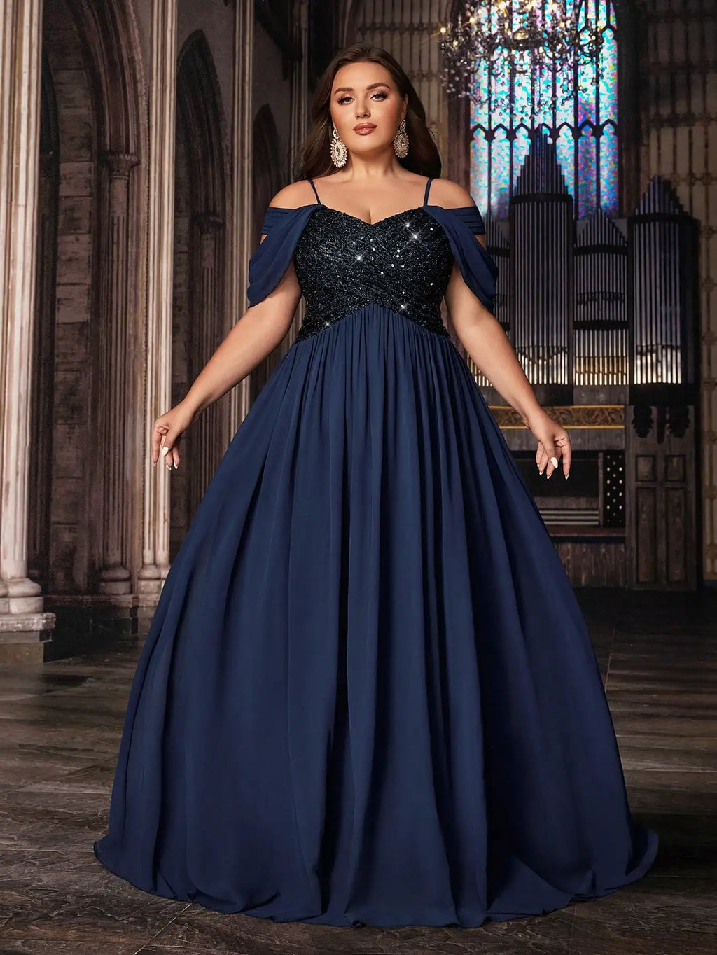 Navy Blue Plus Size Formal Evening Gown With Sequins Off Shoulder Floor Length