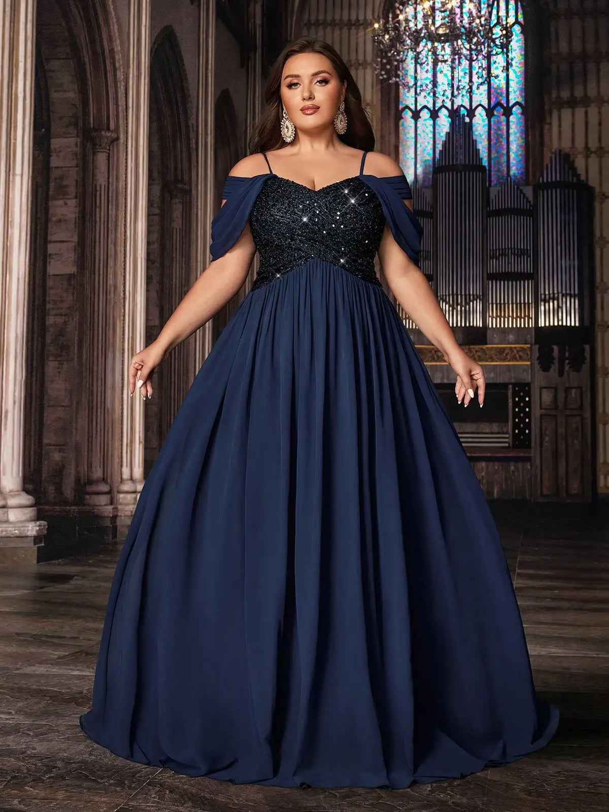 Navy Blue Plus Size Formal Evening Gown With Sequins Off Shoulder Floor Length