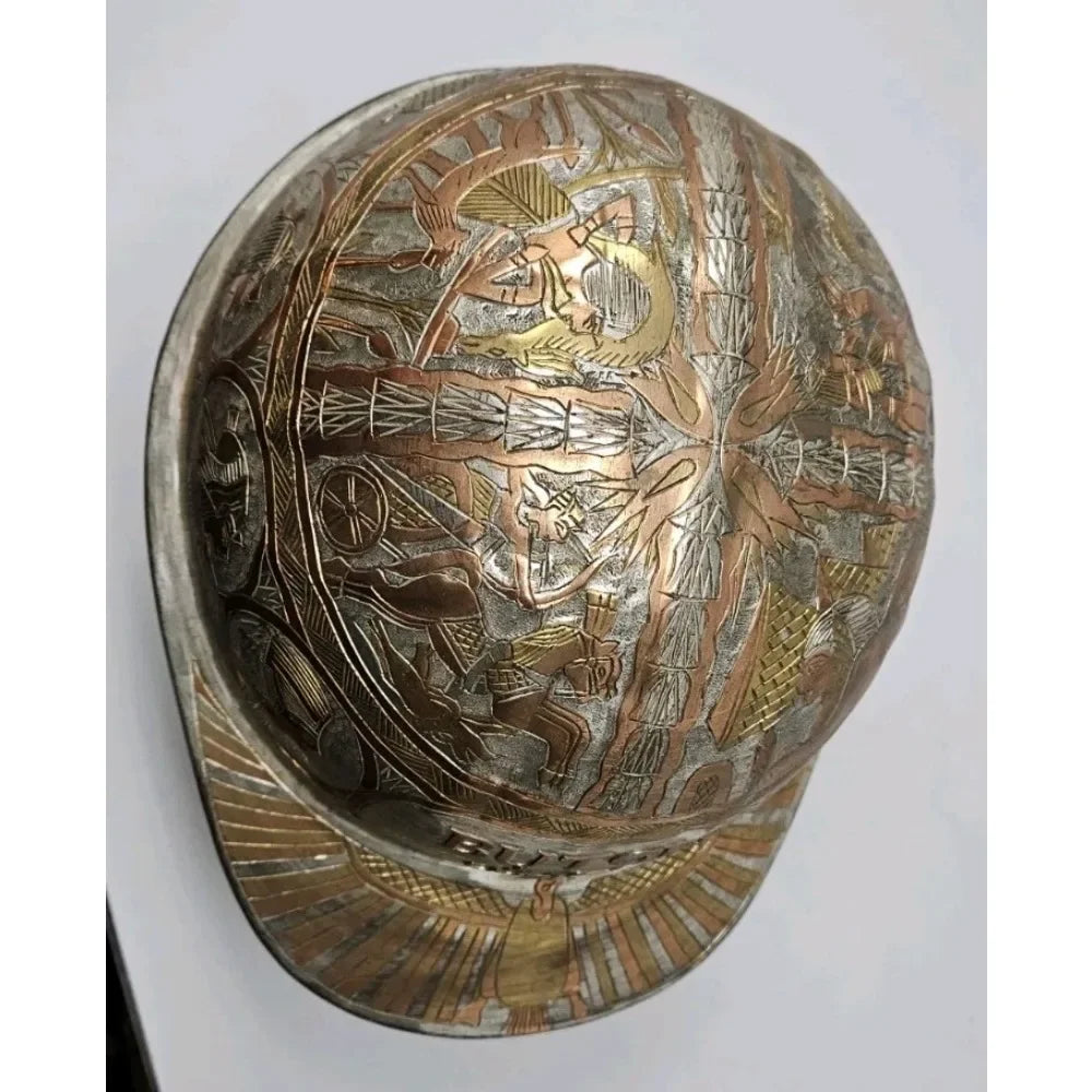 Egyptian Design Hammered Etched Engraved Brass Hard Hat Helmet Copper Vintage