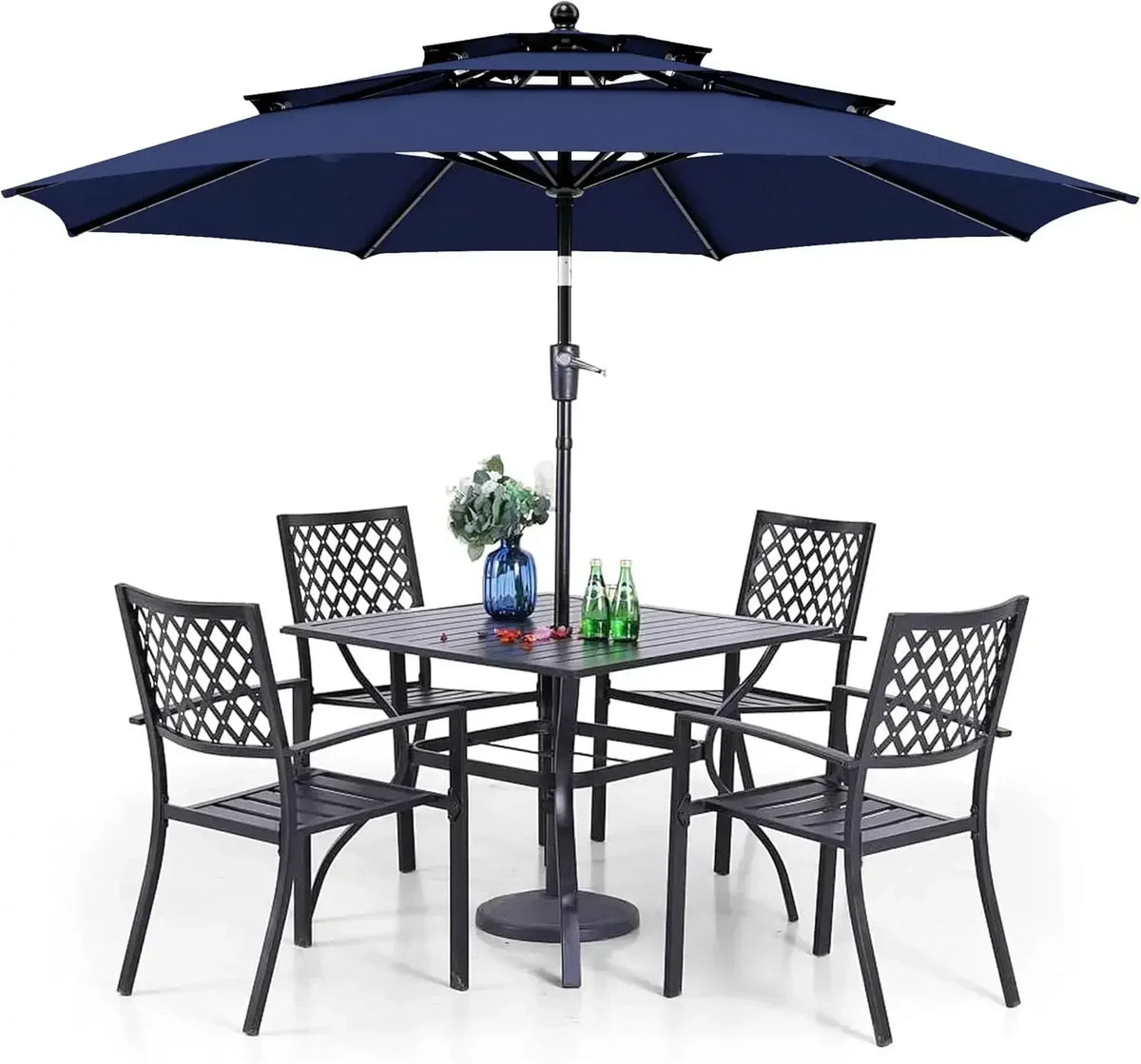 XMSJ*XMSJ.Patio Dining Set 6 Piece with 4 Metal Outdoor Stackable Chairs, 1 Square Metal Table and 10ft 3 Tier Umbrella(Navy Blu