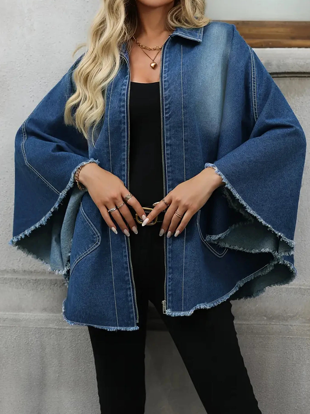 Plus Size Women's Denim Jacket Loose Fit with Frayed Hem And Cloak Design Casual Comfortable plus Size Women's Jeans Jacket