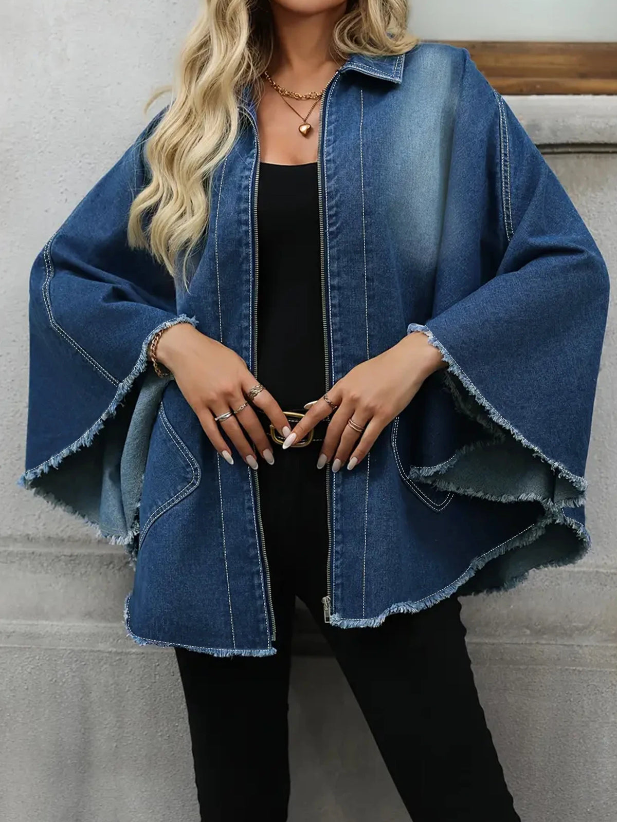Plus Size Women's Denim Jacket Loose Fit with Frayed Hem And Cloak Design Casual Comfortable plus Size Women's Jeans Jacket