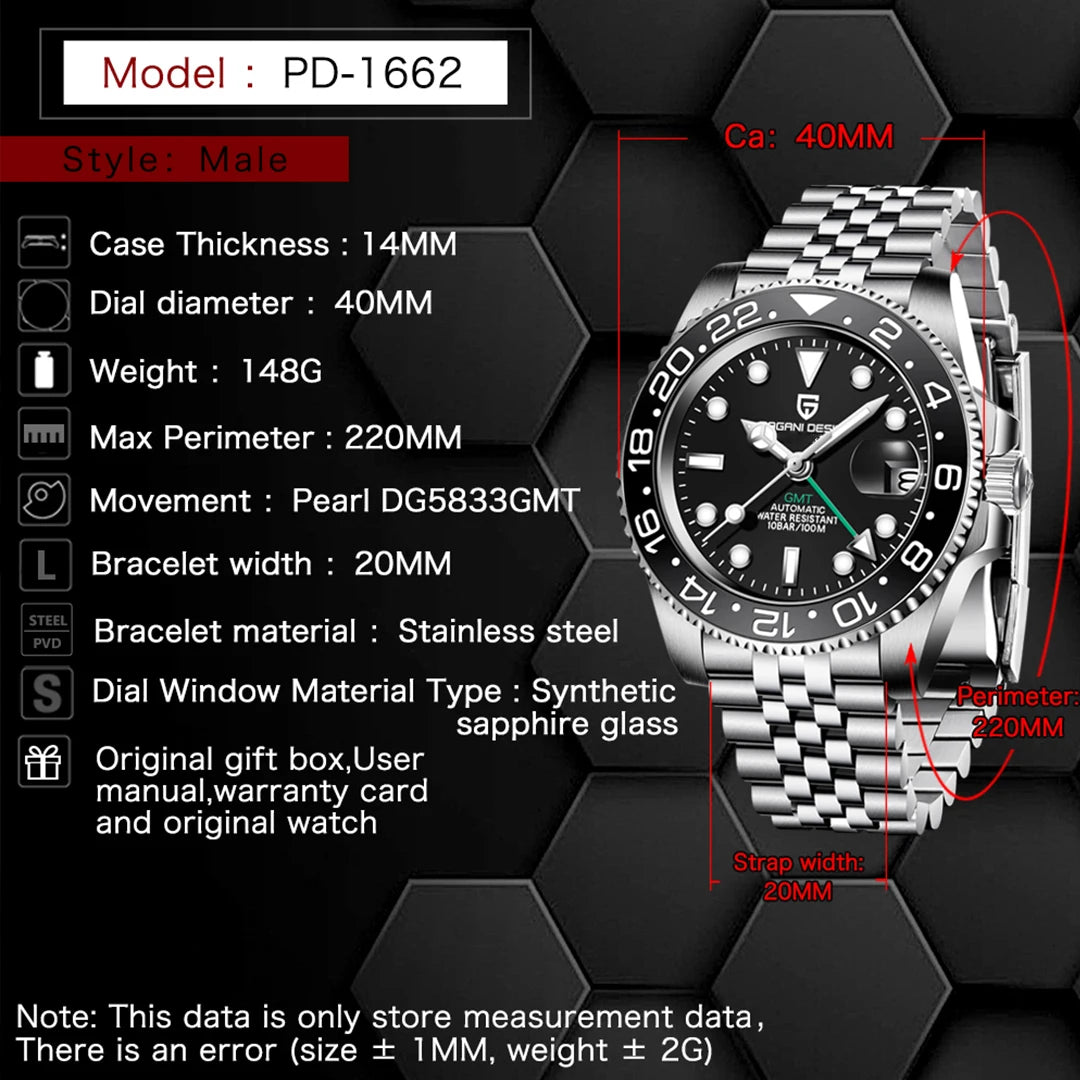 PAGANI DESIGN 40MM Luxury GMT Men's Mechanical Watch Sapphire Glass Stainless Steel 100M Waterproof Fully Automatic Watch